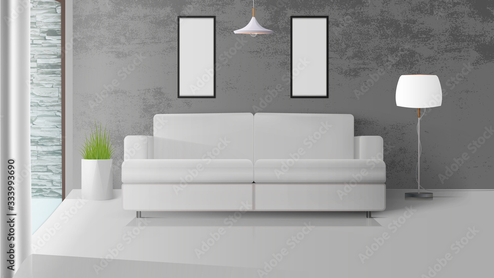 Modern loft style interior. Room with concrete walls. White sofa, floor lamp with white lampshade, pot of grass. Vector illustration Modern loft style interior. Room with concrete walls. White sofa, floor lamp with white lampshade, pot of grass. Vector illustration