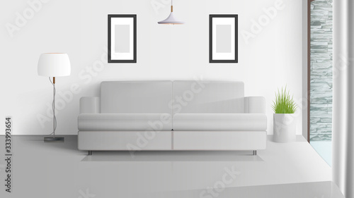 illustration, plant, work, office, vector, flat, background, open, writer, blanket, luxury, beige, grey, sofa, white sofa, loft, loft interior, room, realistic, interior, interior element, design, sty