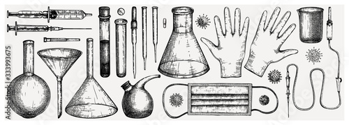 Medicine equipment and protectors against corona virus or other infection. Hand drawn pipette, flask, beaker, glass, tubes, funnel, pipettes, gloves, face masks drawings. Laboratory equipment sketches