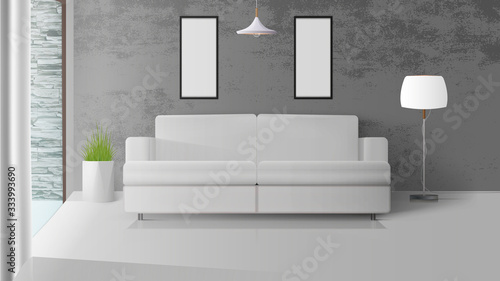 Modern loft style interior. Room with concrete walls. White sofa, floor lamp with white lampshade, pot of grass. Vector illustration