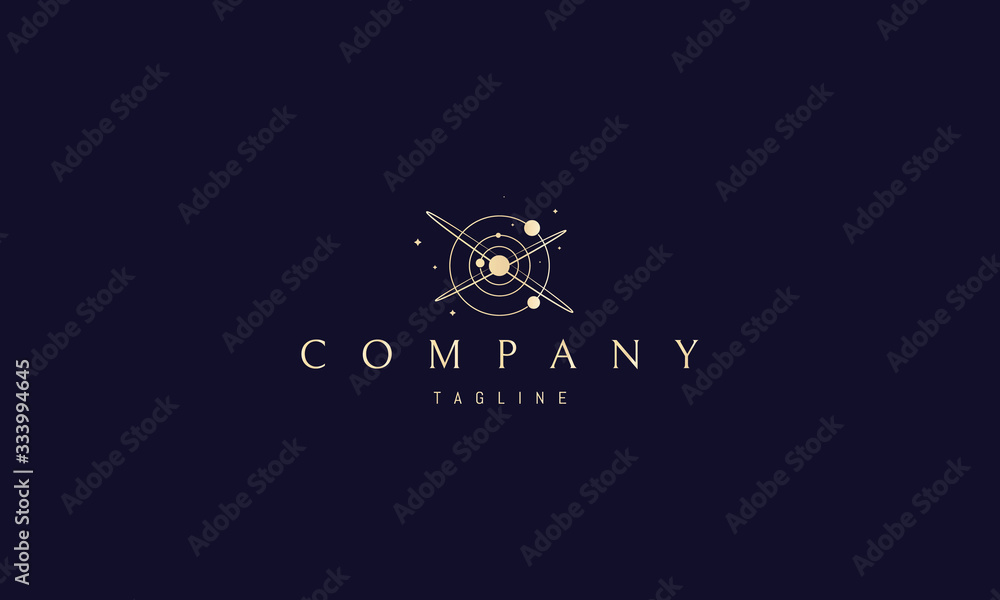 Vector golden logo on which an abstract image of space and planets. - obrazy, fototapety, plakaty 