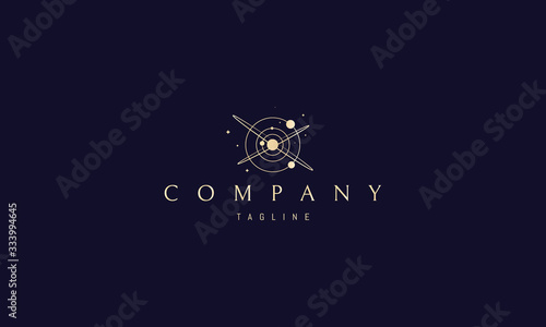 Vector golden logo on which an abstract image of space and planets.