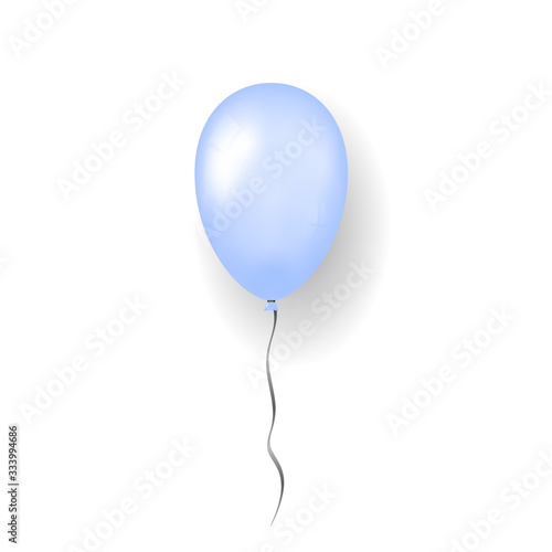 Blue balloon 3D, thread, isolated white background. Color glossy flying baloon, ribbon for birthday celebrate, surprise. Helium ballon gift. Realistic shape, design happy bday Vector illustration