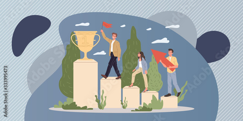 Successful team winning award. Winners walking upstairs on podium to prize cup flat vector illustration. Leadership, goal, achievement concept for banner, website design or landing web page