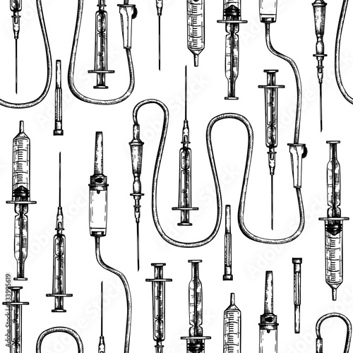 Medicine equipment seamless pattern. Hand drawn medical syringes background. Treatment tools drawings. Vector syringes in engraved style for medicinal procedures backdrop. Vintage illustration.