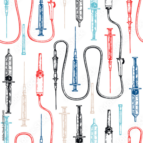 Medicine equipment seamless pattern. Hand drawn medical syringes background. Treatment tools drawings. Vector syringes in engraved style for medicinal procedures backdrop. Vintage illustration.