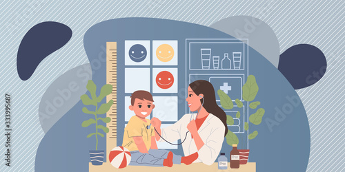 Pediatrician examining little patient. Boy visiting doctor office flat vector illustration. Healthcare, child care, medical checkup concept for banner, website design or landing web page