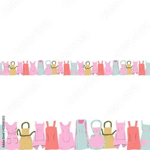 Vintage aprons seamless border isolated on white background.