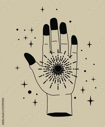 Palm with rays and sparkles. Vector illustration for tattoo design or fashion print in simple line art style.