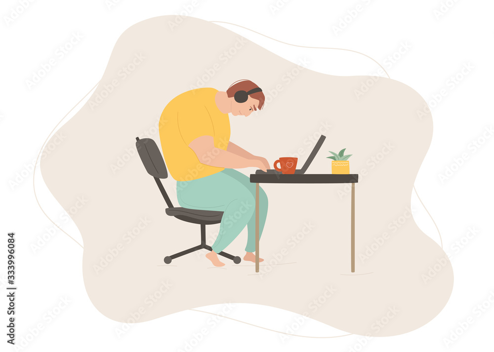 Young courageous guy works at home at the table. Happy freelancer listening to something in earphones. Colorful vector hand drawn illustration on abstract beige cloud. Remote work concept.