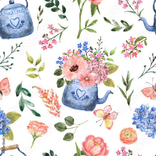 Watercolor spring floral seamless pattern. Cute botanical print, blooming mea...