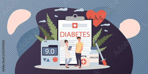Doctor checking patient blood sugar level vector illustration. Man taking illness treatment with insulin injection. Diabetes control therapy in clinic, measuring sugar level with glucometer