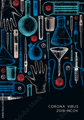 Corona virus research and prevention methods design. Coronavirus hand drawn template. Pandemic COVID-19 flyer. Vector banner with laboratory equipment, medicinal tools, realistic virus drawings. photo