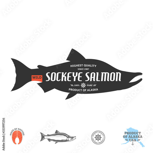 Vector wild alaskan sockeye salmon label