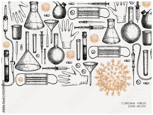 Corona virus research and prevention methods. Coronavirus hand drawn design template. New epidemic (COVID-19). Vector banner with laboratory equipment, medicinal tools, realistic virus drawings