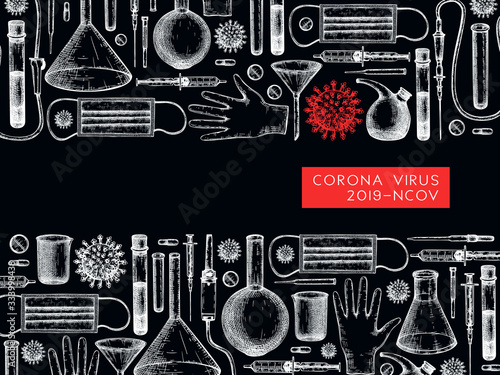 Corona virus research and prevention methods. Coronavirus hand drawn design template. New epidemic (COVID-19). Vector banner with laboratory equipment, medicinal tools, realistic virus drawings photo