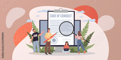 Business people studying code of conduct paper vector illustration. Office people working on company ethical integrity document on laptop screen. Code of business ethics and values photo