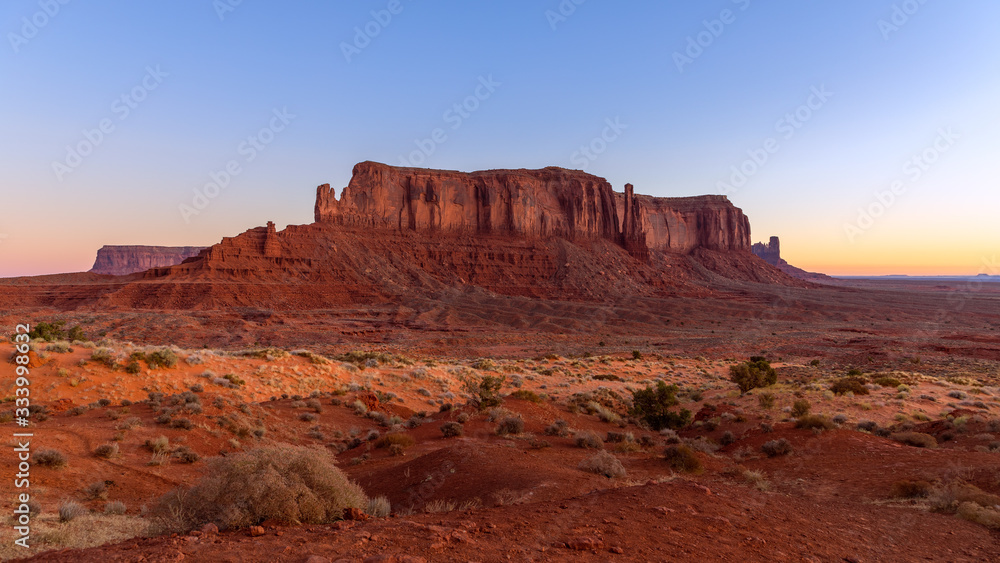 View of Monument Valley in the taime of beautiful sunrise on the border between Arizona and Utah, USA