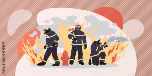 Firefighters vector illustration. Group of men in protective clothes with tools extinguishing fire. Firemen team for aid, safety, rescuing, training concept