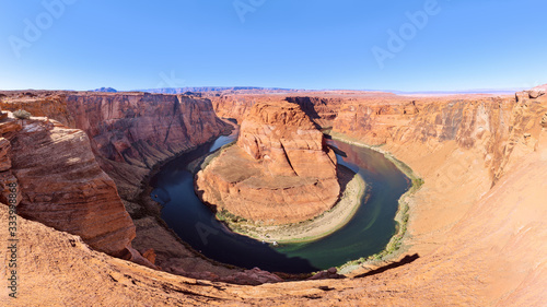 Beautiful panoramic view of Horseshoe Bend and Colorado River on sunny day. Page, Arizona, Usa.