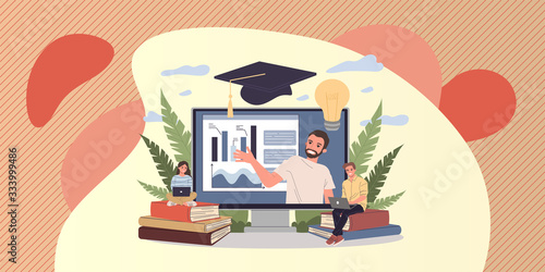 Online teacher explaining graphs on monitor. Students with laptops and books watching webinar. Vector illustration for internet education, training, elearning concept