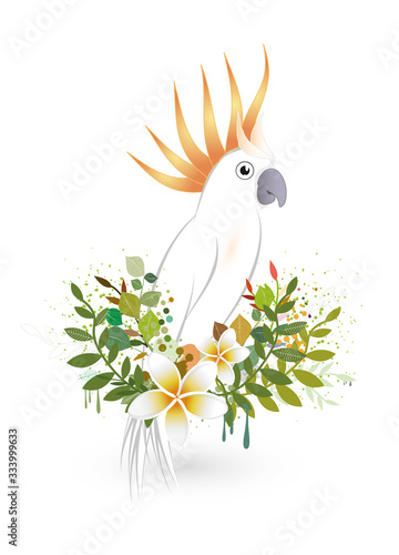 Kakadu Vogel mit üppigen Pflanzen und Blüten