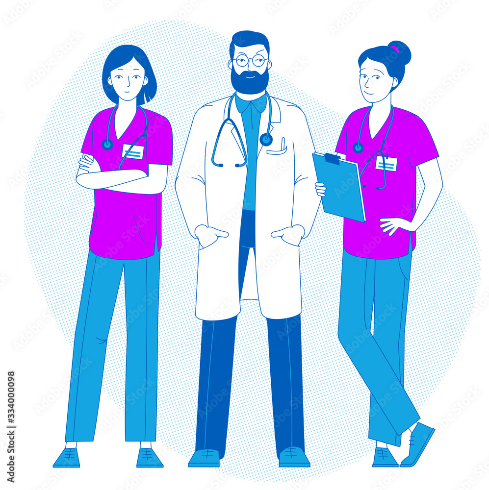 Doctor standing with nurses. Doctor with stethoscope. Nurse day. Health Care. Young doctor in uniform. Medicine. Doctor standing with nurses. Doctor with stethoscope. Nurse day. Health Care. Young doctor in uniform. Medicine.