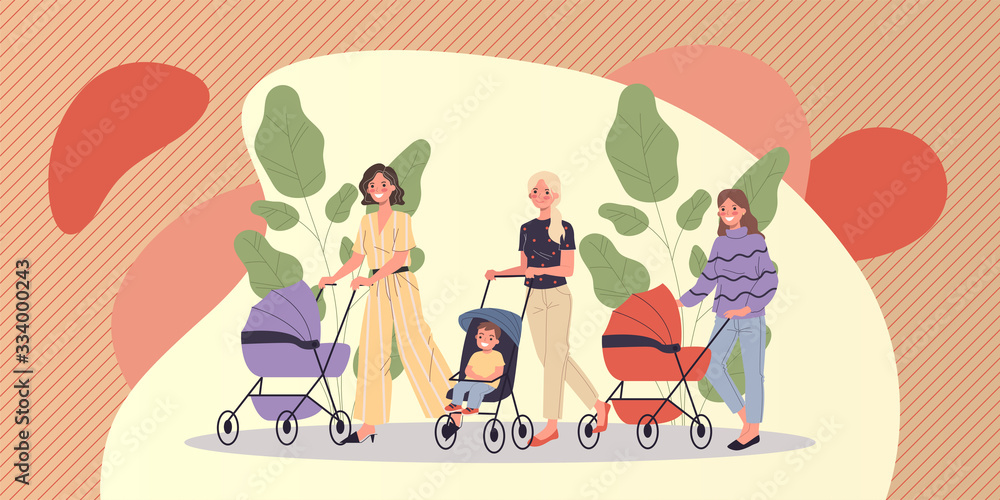 New moms walking with children. Young women wheeling strollers in park flat vector illustration. Motherhood, communication, friendship concept for banner, website design or landing web page