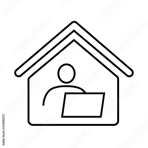 Home office, long-distance or remote work line icon. Man and computer inside house. Vector Illustration
