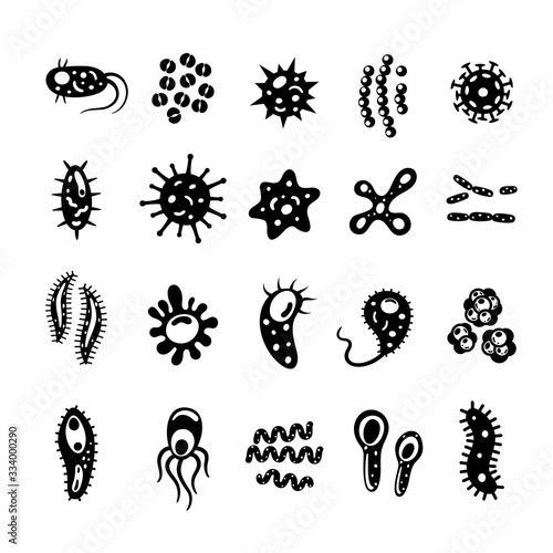 Bacteria and viruses collection in flat style, micro-organisms disease-causing objects. Different types, bacteria, viruses, coronavirus, infusorium, streptococcus, fungi, protozoa.