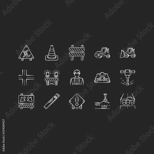 Road works chalk white icons set on black background. Roadsign for construction. Worker in safety helmet. Bulldozer truck. Roller for laying pavement. Isolated vector chalkboard illustrations