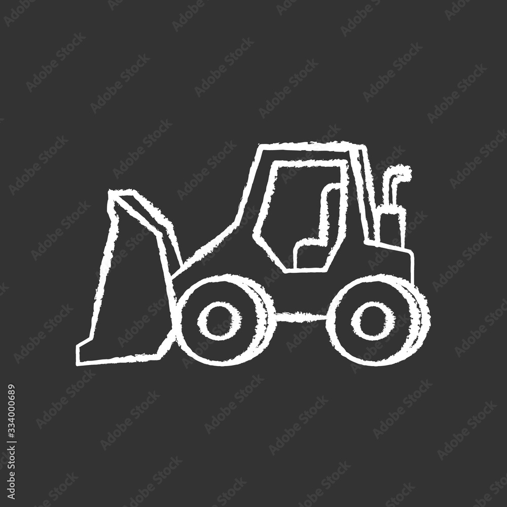 Fototapeta premium Bulldozer chalk white icon on black background. Road works industrial truck. Dozer for ground loading. Excavator for construction. Agricultural transport. Isolated vector chalkboard illustration