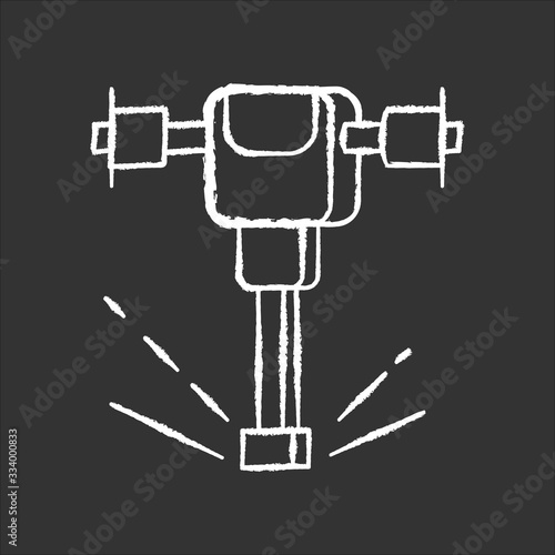 Road works perforator chalk white icon on black background. Construction and demolition tool. Pneumatic instrument drilling in surface. Worker hardware. Isolated vector chalkboard illustration