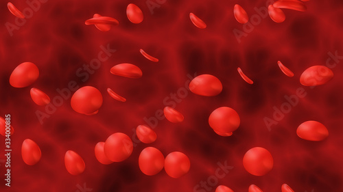 Red blood cells in vein 3D illustration. Blood cells in an artery, flow inside body, medical human health-care. Human vein under microscope.