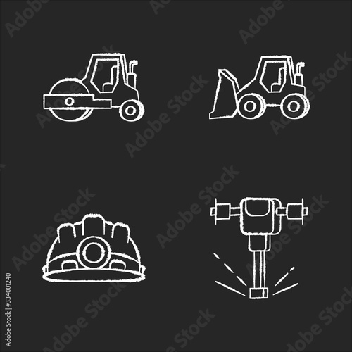 Road works chalk white icons set on black background. Bulldozer for construction work. Roller for paving. Laying asphalt. Builder equipment. Isolated vector chalkboard illustrations
