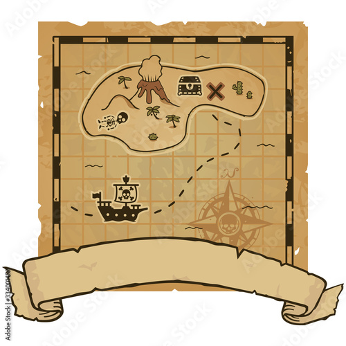 Small pirate map on a parchment background with a frame. Includes a compass rose, a banner, an erupting volcano, a treasure chest, cactus, a pirate ship with skull and crossbones and palm trees.