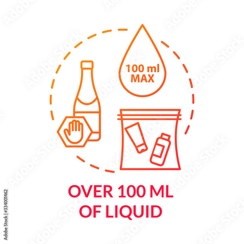 Over 100 ml of liquid concept icon. Airplane passenger hand luggage, belongings limit idea thin line illustration. Baggage control. Vector isolated outline RGB color drawing