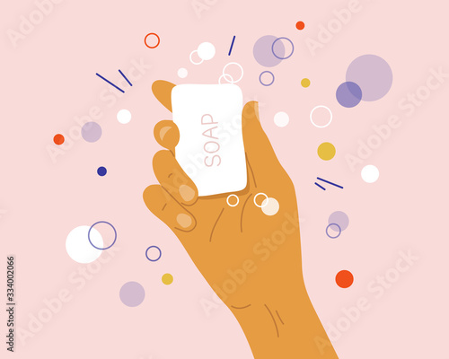 Disinfection, antibacterial, virus protection. Wash your hands concept. Motivational poster with human hand holding soap. Sanitizer, antiseptic, prevent infection or coronavirus. Vector illustration.