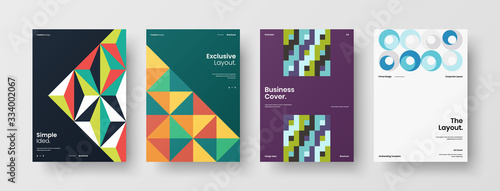 Business presentation vector A4 vertical orientation front page mock up set. Corporate report cover abstract geometric illustration design layout bundle. Company identity brochure template collection.