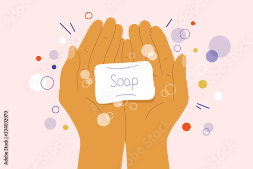 Wash your hands concept. Disinfection, antibacterial, virus protection. Human palms holding soap with bubbles. Sanitizer, antiseptic, prevent infection, coronavirus bacteria. Vector illustration flyer