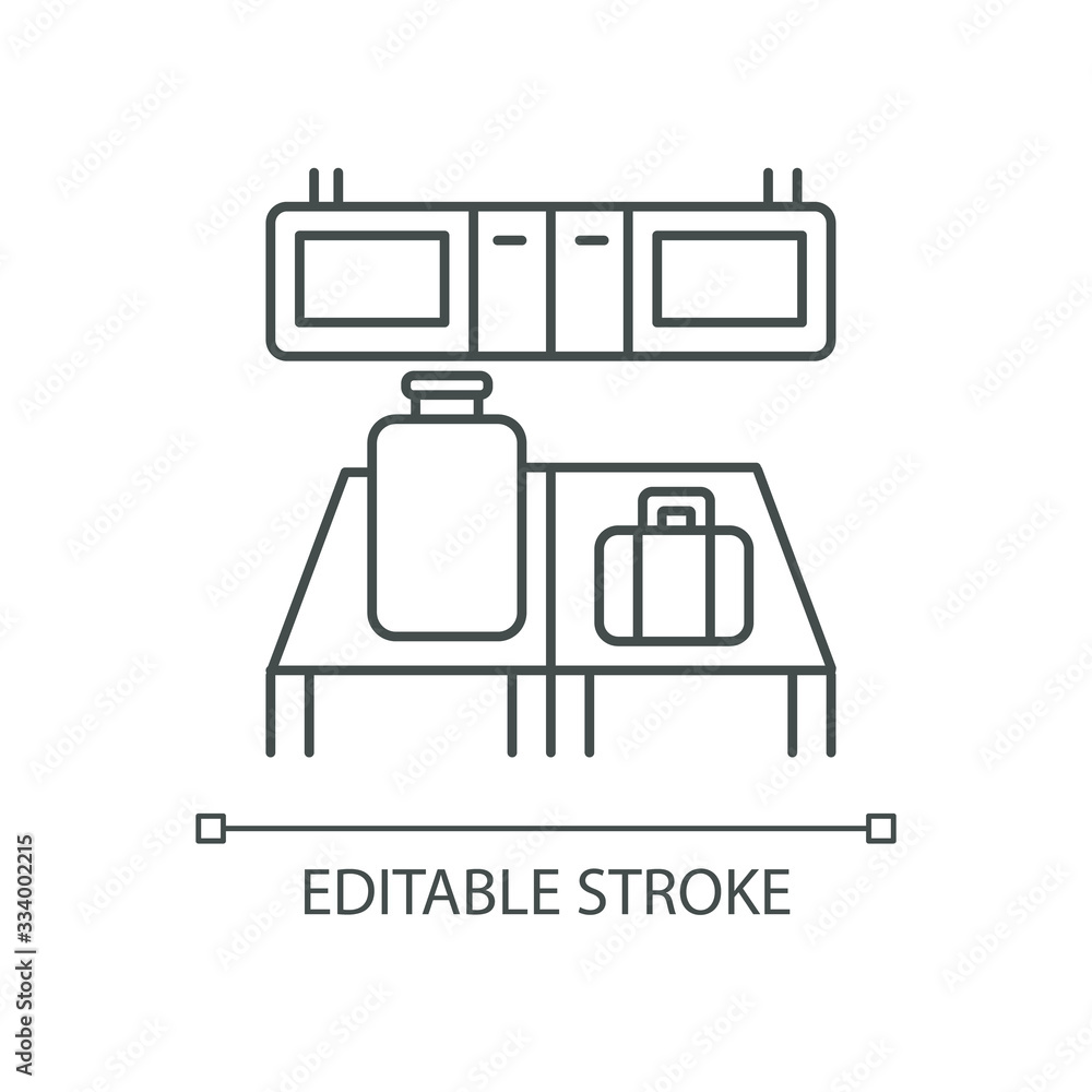 Baggage custom check pixel perfect linear icon. Luggage on desk in airport terminal. Thin line customizable illustration. Contour symbol. Vector isolated outline drawing. Editable stroke