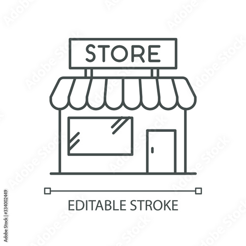 Convenience store pixel perfect linear icon. Grocery shop exterior. Small business in retail. Thin line customizable illustration. Contour symbol. Vector isolated outline drawing. Editable stroke