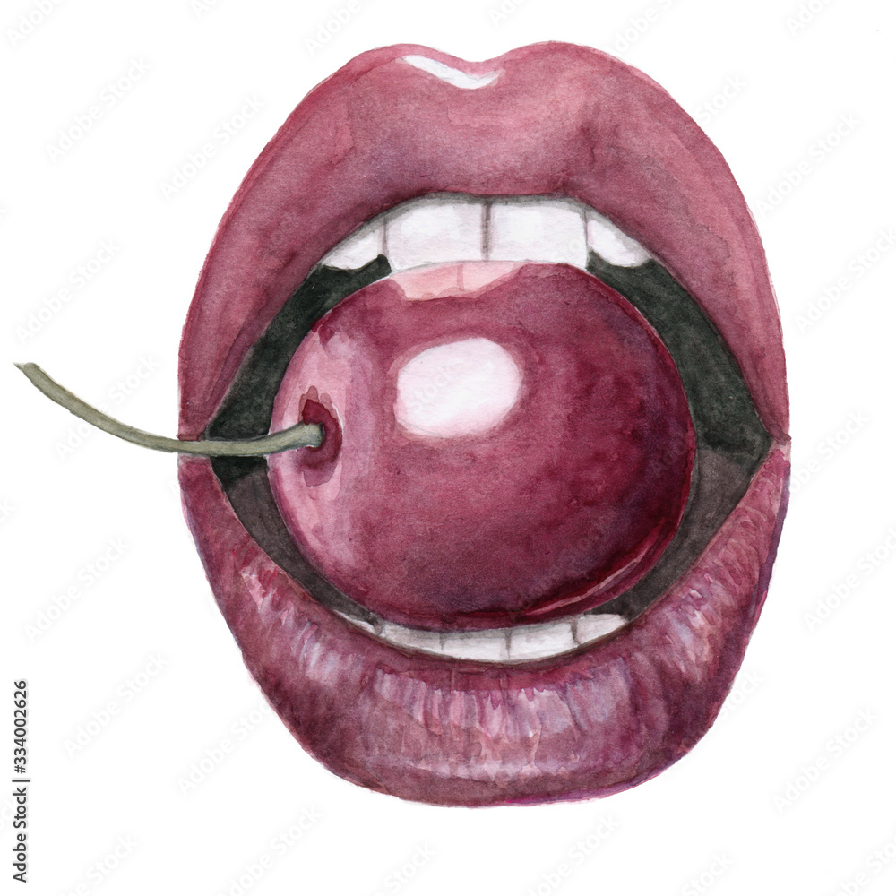 Fototapeta watercolor lips with cherry isolated on white