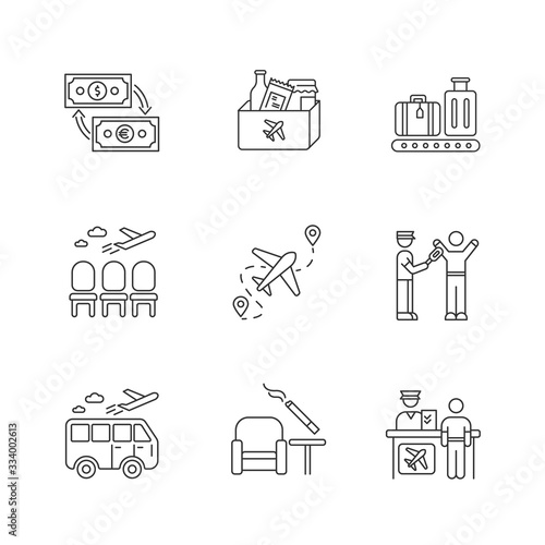 Airport terminal pixel perfect linear icons set. Waiting lobby for passengers. Flight check in. Customizable thin line contour symbols. Isolated vector outline illustrations. Editable stroke