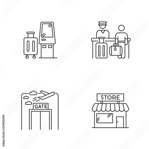 Airport terminal pixel perfect linear icons set. Self service kiosk to check in. Registration desk. Customizable thin line contour symbols. Isolated vector outline illustrations. Editable stroke