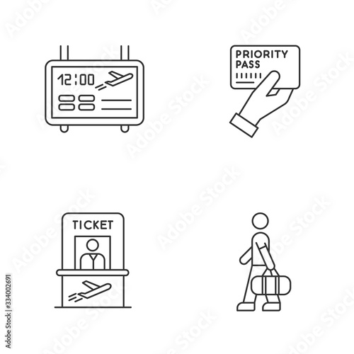 Airport terminal pixel perfect linear icons set. Flight information on electronic scoreboard. Customizable thin line contour symbols. Isolated vector outline illustrations. Editable stroke