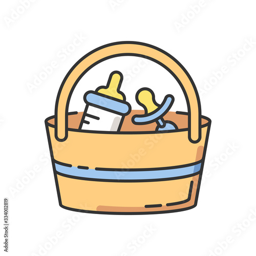 Babysitter set RGB color icon. Baby pacifier and essentials to bring along. Bottle for feeding infant child. Bag with items for child care. Child care kit. Isolated vector illustration