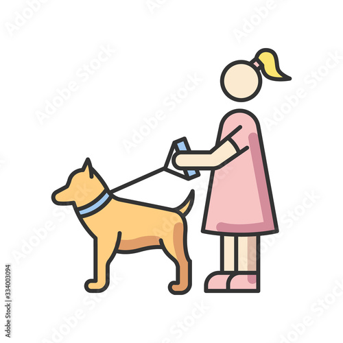 Pet sitting RGB color icon. Woman with dog on leash. Pet owner. Obedient domestic animal. Trainer service from female professional. Girl walk outdoor in park with dog. Isolated vector illustration