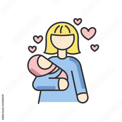 Babylover RGB color icon. Parenthood and motherhood. Young woman for babysitting. Mother with son. Mom with daughter. Nurturing parent holding little kid. Isolated vector illustration photo