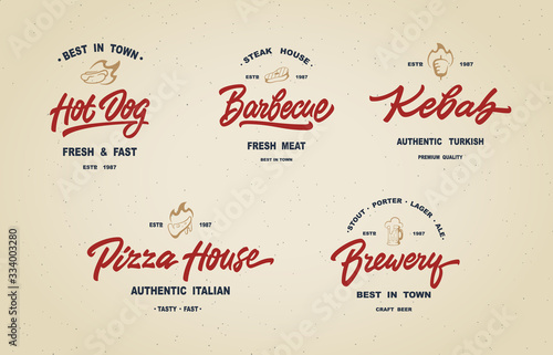 Set of labels, logotype and elements design templates for different fast food, pub and other